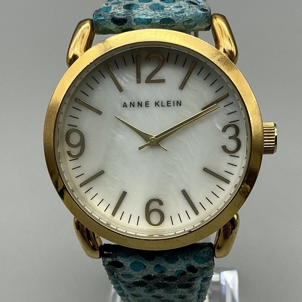 Anne Klein Womens Watch 40mm MOP Dial Gold Tone Blue Leather New Battery
